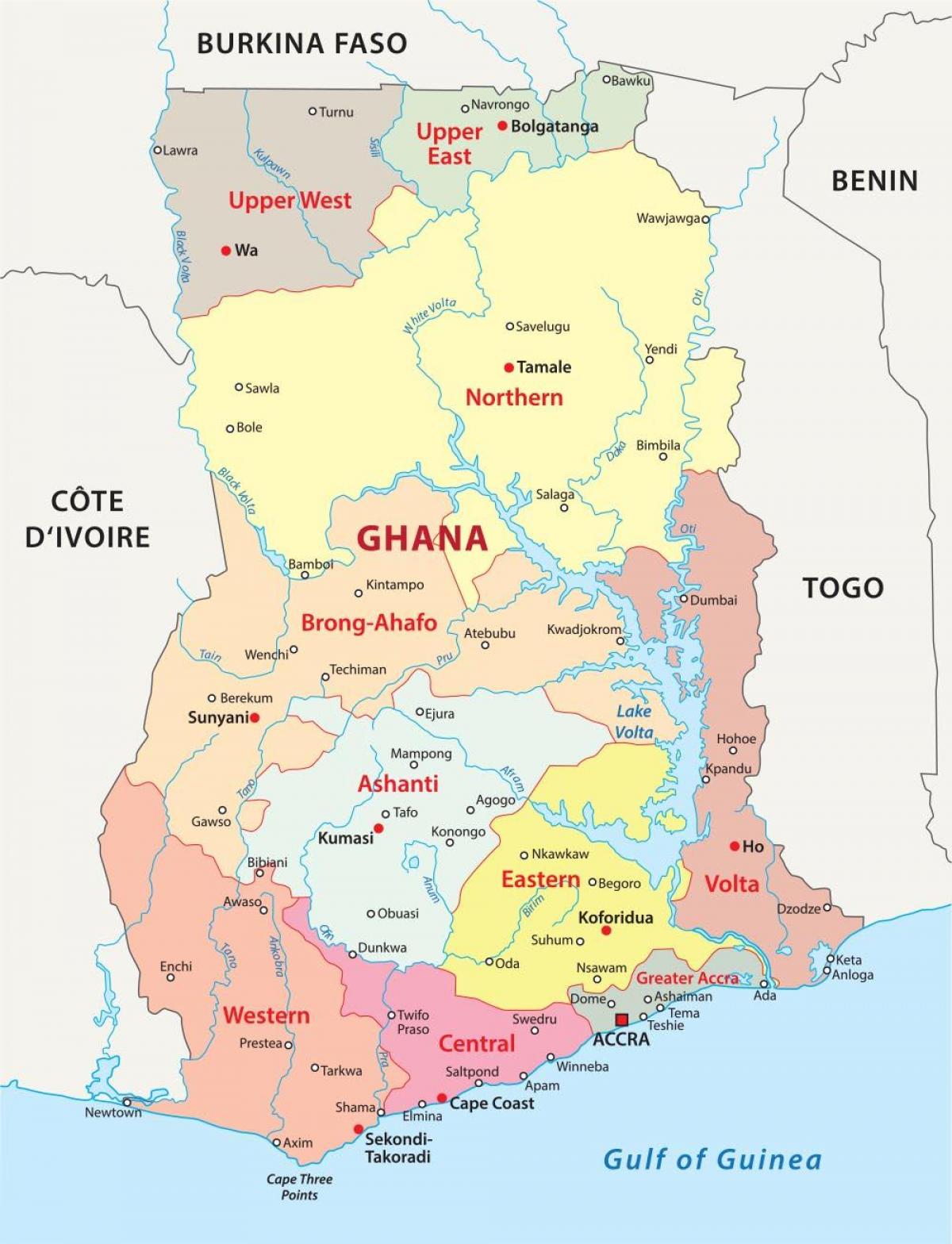 карта Гане показује округа